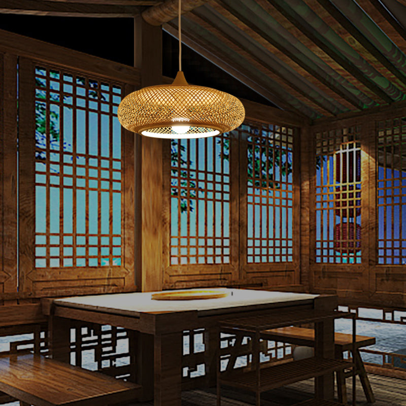 Modern 1-Bulb Wood Pendant Light Fixture with Bamboo Shade - Donut/Hat Hanging Design