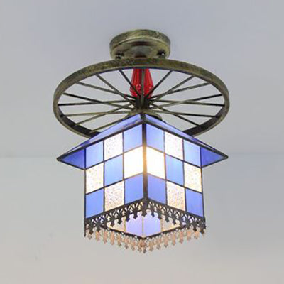 Rustic Lodge Stained Glass House Semi Flush Light with Antique Bronze/Clear/Blue Accents