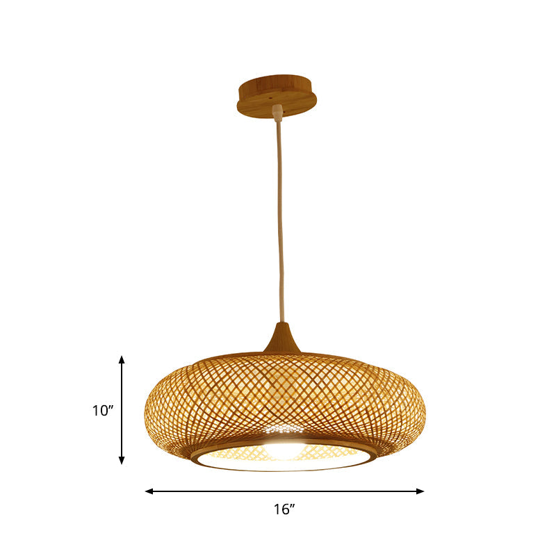 Modern 1-Bulb Wood Pendant Light Fixture with Bamboo Shade - Donut/Hat Hanging Design