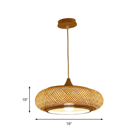 Modern 1-Bulb Wood Pendant Light Fixture with Bamboo Shade - Donut/Hat Hanging Design