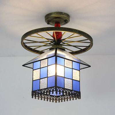 Rustic Lodge Stained Glass House Semi Flush Light with Antique Bronze/Clear/Blue Accents