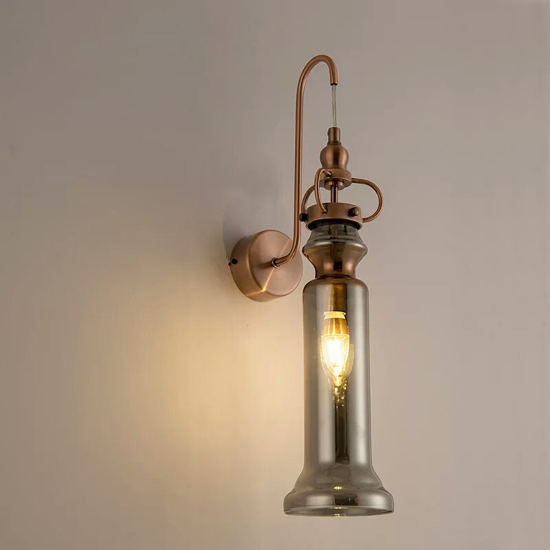 Contemporary 2-Light Copper Finish Wall Sconce With Smoke Gray/Amber Glass Tube & Gooseneck Arm