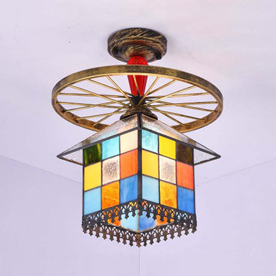 Rustic Lodge Stained Glass House Semi Flush Light with Antique Bronze/Clear/Blue Accents