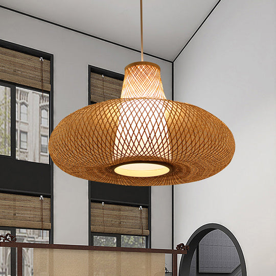 Bamboo Weave Pendant Light Kit - Contemporary 1 Bulb Suspension Hanging 16/19.5 Wide Wood / 16