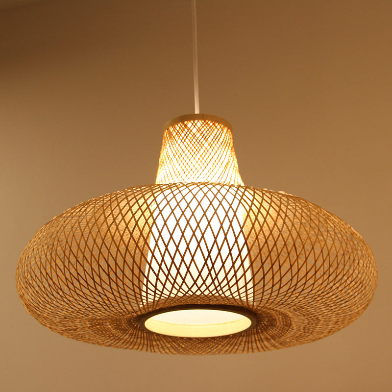 Bamboo Weave Pendant Light Kit with 1 Bulb - Contemporary Wood Hanging Lamp, 16"/19.5" Wide