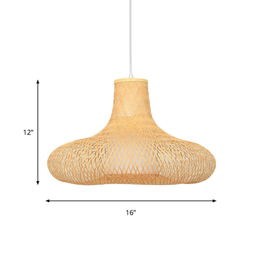 Bamboo Weave Pendant Light Kit with 1 Bulb - Contemporary Wood Hanging Lamp, 16"/19.5" Wide