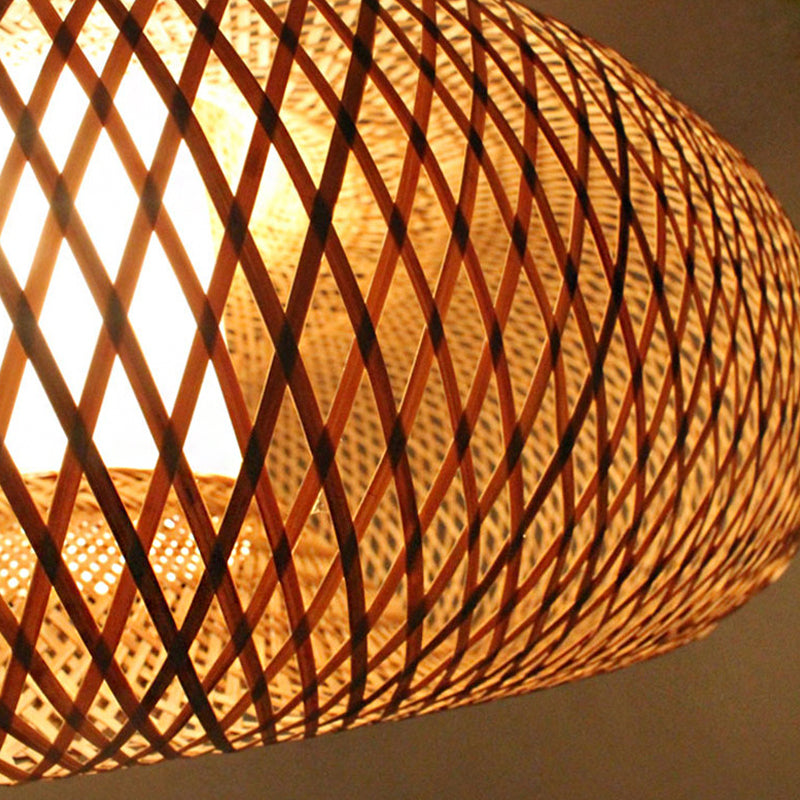 Bamboo Weave Pendant Light Kit with 1 Bulb - Contemporary Wood Hanging Lamp, 16"/19.5" Wide