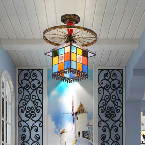 Rustic Lodge Stained Glass House Semi Flush Light With Antique Bronze/Clear/Blue Accents Bronze