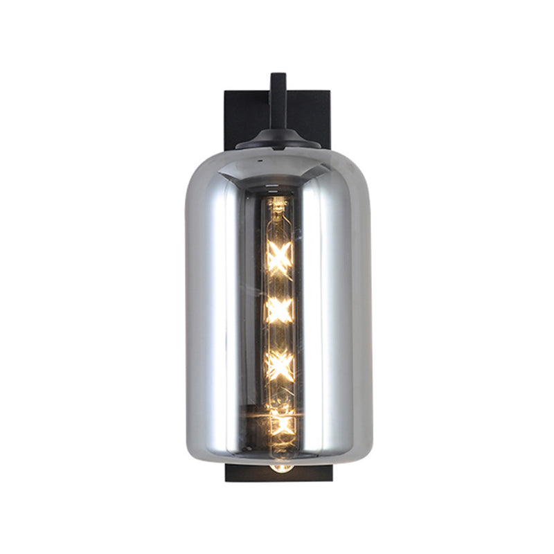 Retro Style Black Mason Jar Wall Sconce - Closed Glass Light With Arm