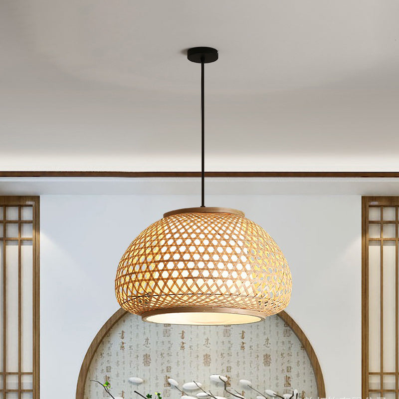 Wide Dome Suspension Pendant Bamboo Hanging Light Fixture - Retro Style (Single Bulb) Wood / 16