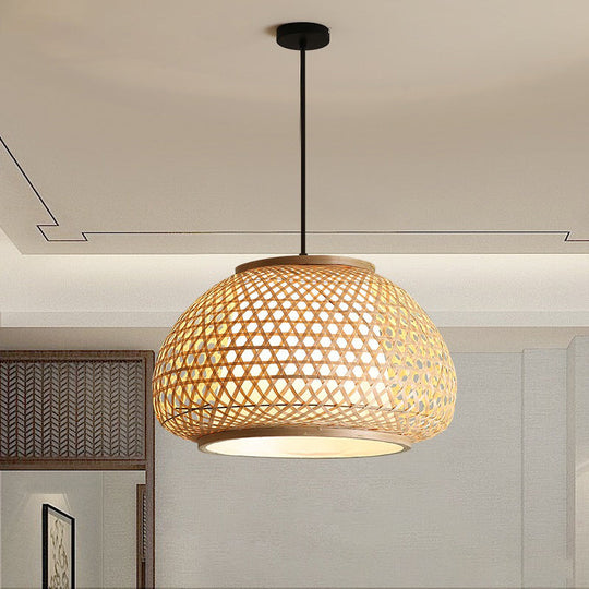 Retro Bamboo Dome Pendant Light Fixture - Wide Sizes - Wood Hanging Lamp