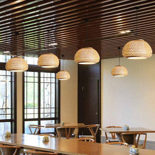 Retro Bamboo Dome Pendant Light Fixture - Wide Sizes - Wood Hanging Lamp