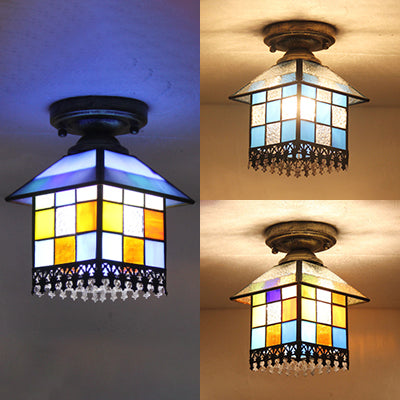 Rustic Lodge Stained Glass Flush Mount Lamp - 1-Head House Flush Lighting in Black/Blue/Brass