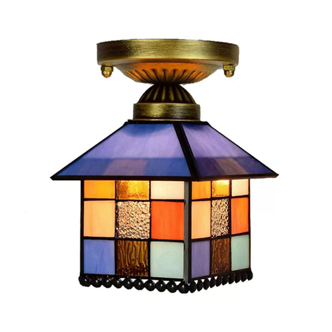 Rustic Lodge Stained Glass Flush Mount Lamp - 1-Head House Flush Lighting in Black/Blue/Brass