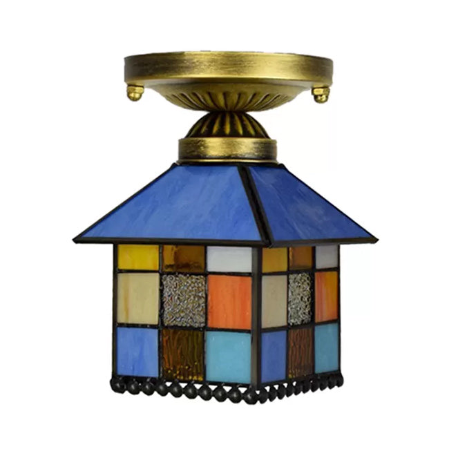 Rustic Lodge Stained Glass Flush Mount Lamp - 1-Head House Flush Lighting in Black/Blue/Brass