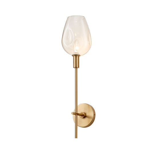 Brass Wall Lamp With Clear Wine Glass Shade & Modern Pencil Arm Design