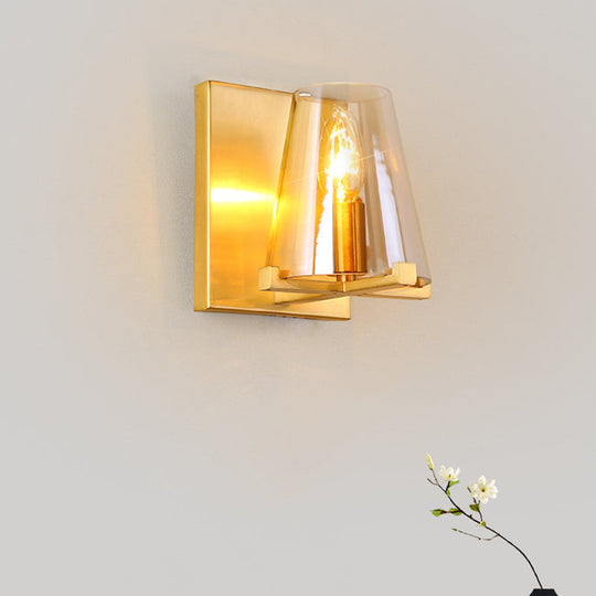 Contemporary Indoor Brass Wall Sconce With Glass Shade - Single Light Mount Lamp For Living Room