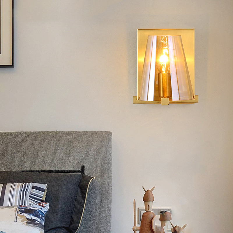 Contemporary Indoor Brass Wall Sconce With Glass Shade - Single Light Mount Lamp For Living Room