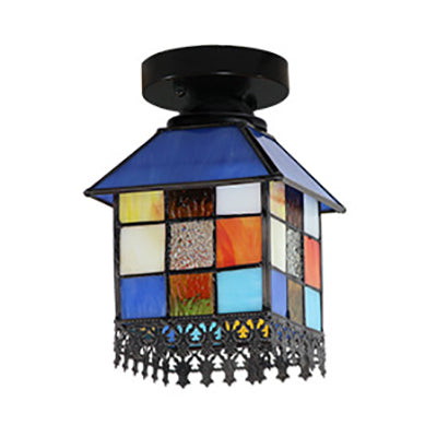 Rustic Lodge Stained Glass Flush Mount Lamp - 1-Head House Flush Lighting in Black/Blue/Brass