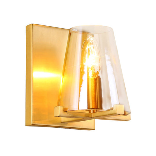 Contemporary Indoor Brass Wall Sconce With Glass Shade - Single Light Mount Lamp For Living Room