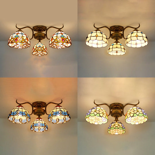 Stunning Tiffany Style Stained Glass Ceiling Light with Victorian, Gem & Flower Design - 3 Semi Flush Mount Lights in Beige