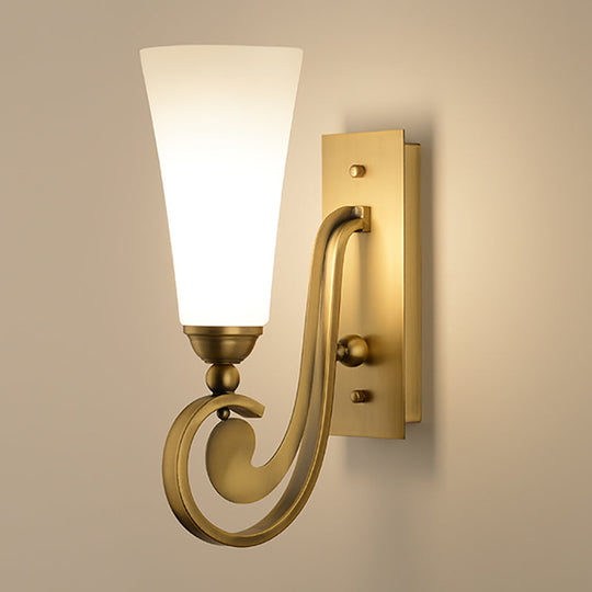 Modern Frosted Glass Wall Light With Golden Curved Arm - Tapered Head Mount