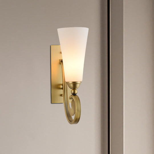 Modern Frosted Glass Wall Light With Golden Curved Arm - Tapered Head Mount Gold