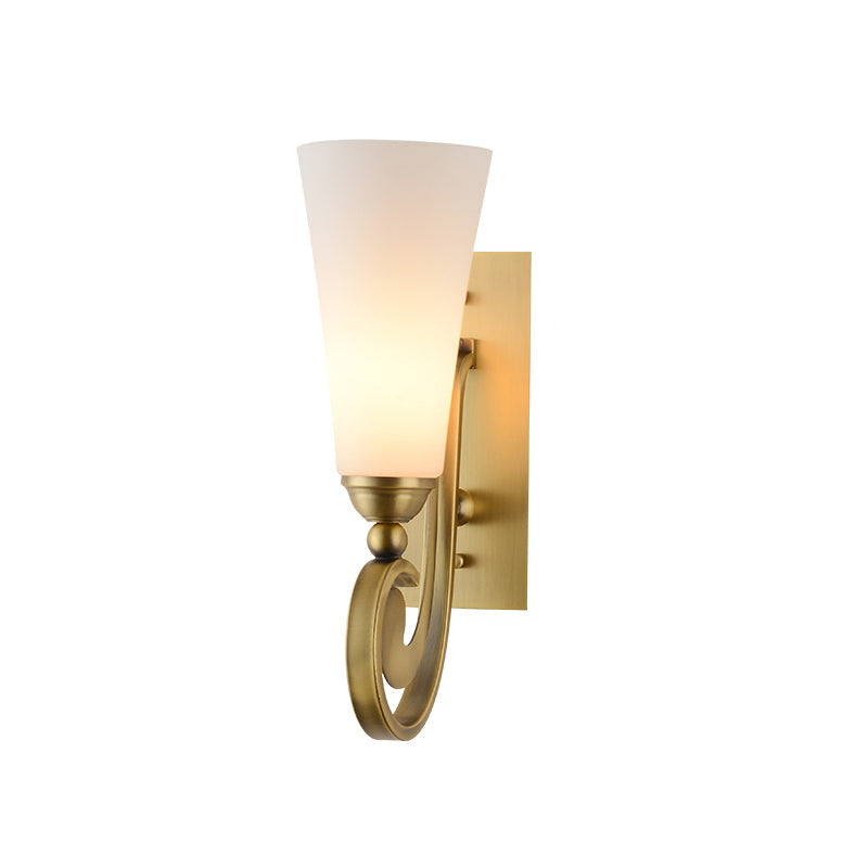 Modern Frosted Glass Wall Light With Golden Curved Arm - Tapered Head Mount