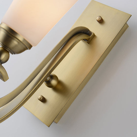 Modern Frosted Glass Wall Light With Golden Curved Arm - Tapered Head Mount