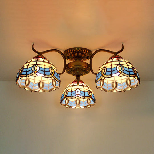 Stunning Tiffany Style Stained Glass Ceiling Light with Victorian, Gem & Flower Design - 3 Semi Flush Mount Lights in Beige