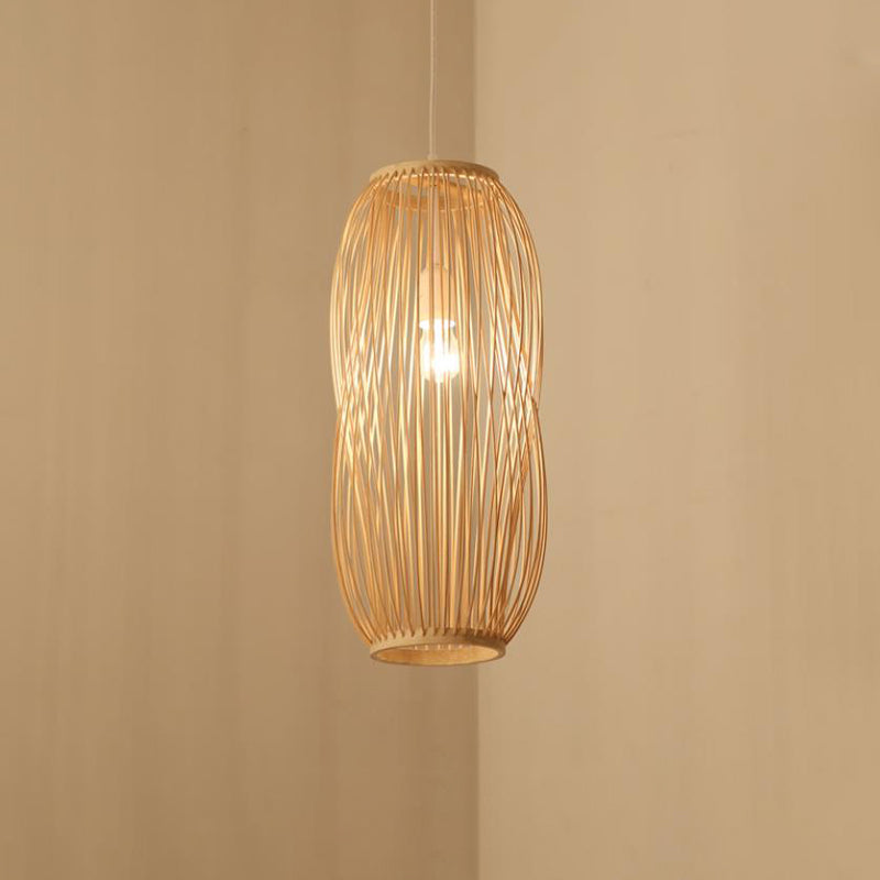 Bamboo Lantern Pendant Lighting: Traditional Wood Hanging Lamp Kit (8/9 Wide 1 Bulb)