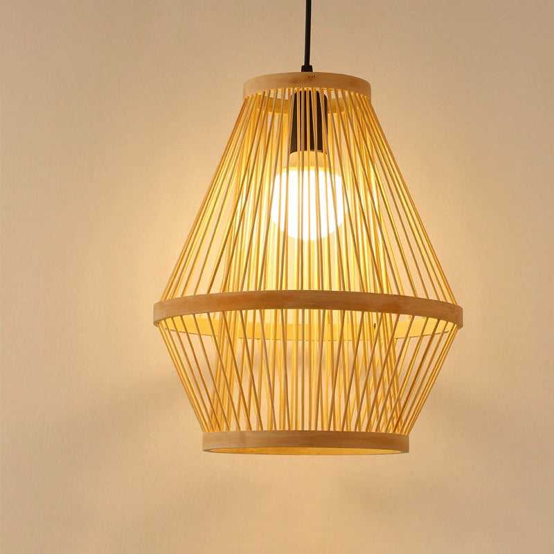 Contemporary Bamboo Wood Cage Pendant Light With 1 Bulb Stylish Hanging Fixture