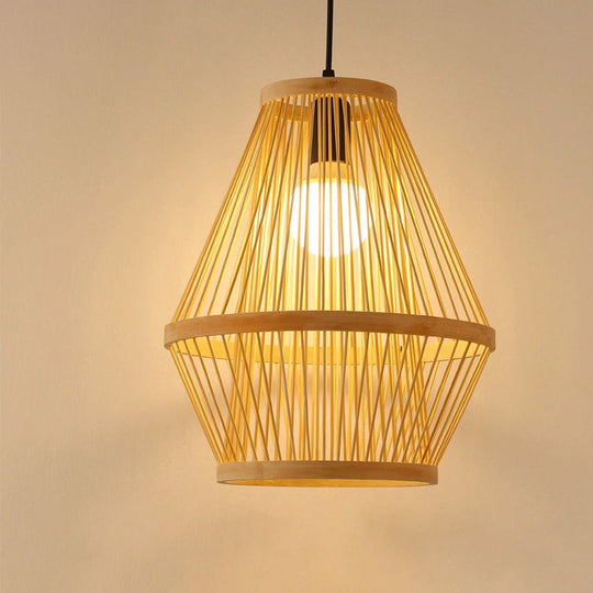 Contemporary Bamboo Wood Cage Pendant Light With 1 Bulb Stylish Hanging Fixture