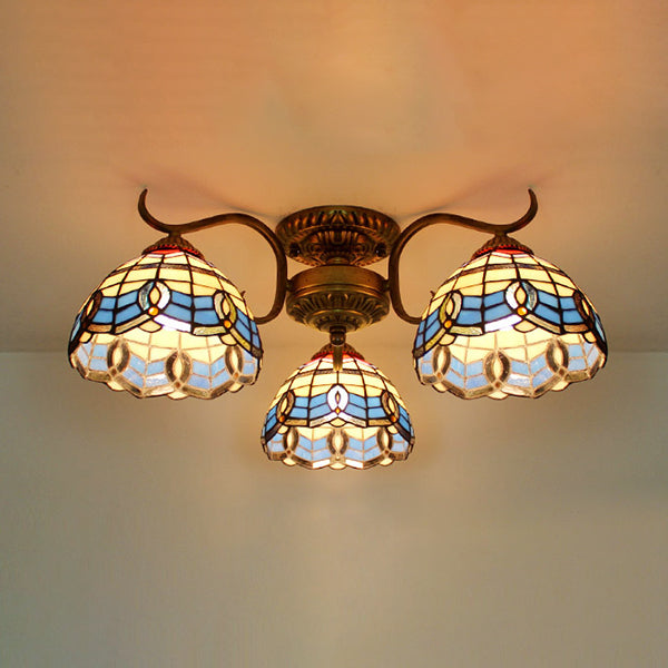 Stunning Tiffany Style Stained Glass Ceiling Light With Victorian Gem & Flower Design - 3 Semi Flush