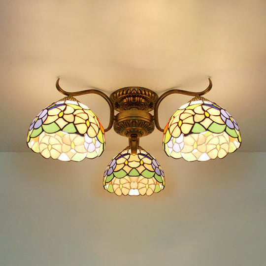 Stunning Tiffany Style Stained Glass Ceiling Light with Victorian, Gem & Flower Design - 3 Semi Flush Mount Lights in Beige