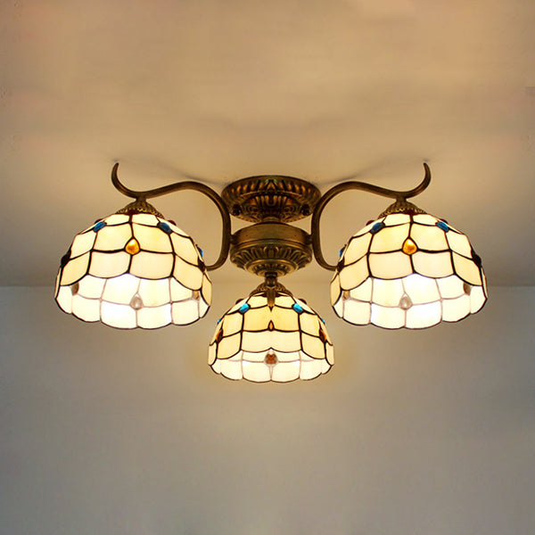 Stunning Tiffany Style Stained Glass Ceiling Light with Victorian, Gem & Flower Design - 3 Semi Flush Mount Lights in Beige