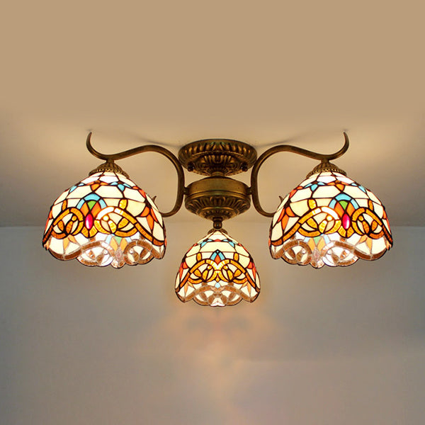 Stunning Tiffany Style Stained Glass Ceiling Light with Victorian, Gem & Flower Design - 3 Semi Flush Mount Lights in Beige