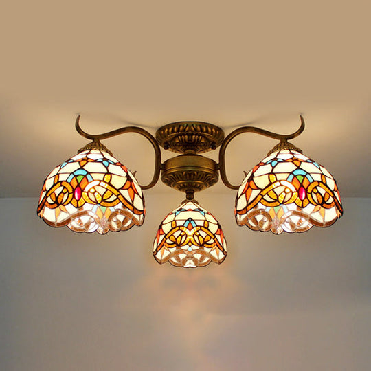 Stunning Tiffany Style Stained Glass Ceiling Light with Victorian, Gem & Flower Design - 3 Semi Flush Mount Lights in Beige