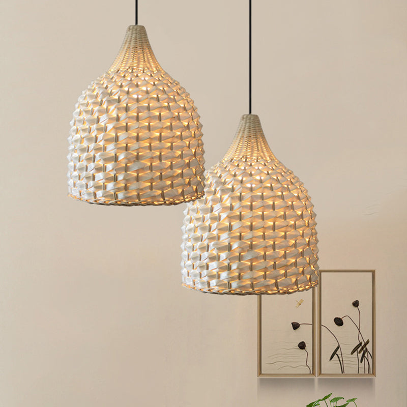 Bamboo Pendant Lighting - Modernist Basket Design, 1 Bulb Hanging Light in Beige