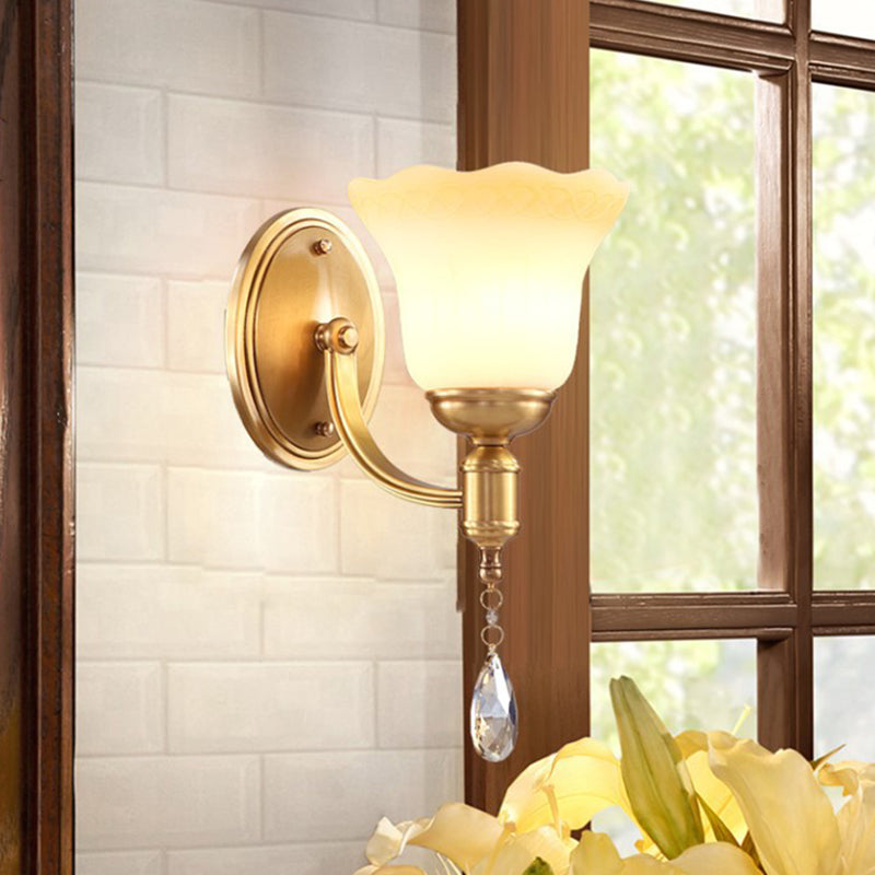 Vintage Brass Finish Wall Sconce With Frosted Glass Shade - Bedroom Mount Lamp 1 /