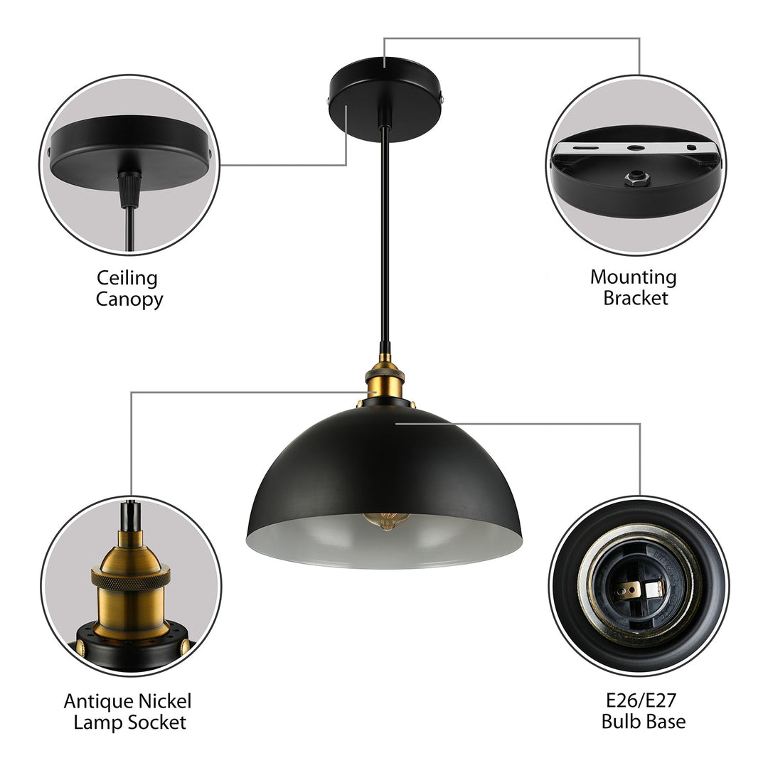 Metallic Domed Pendant Ceiling Light - Antique Style With Black/White Finish Perfect For Restaurants