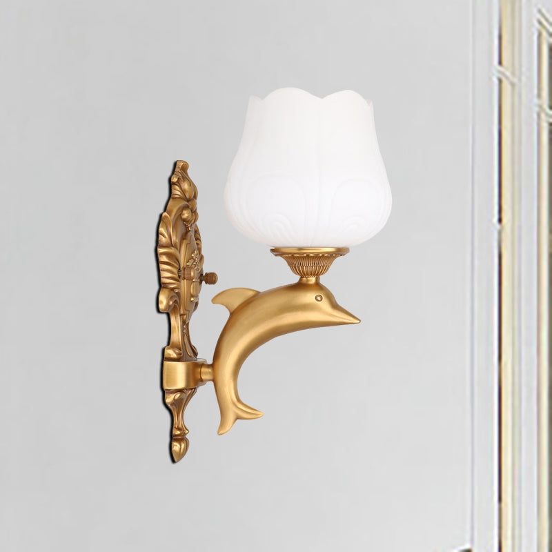 Vintage Style White Glass Wall Light With Golden Dolphin Deco Gold