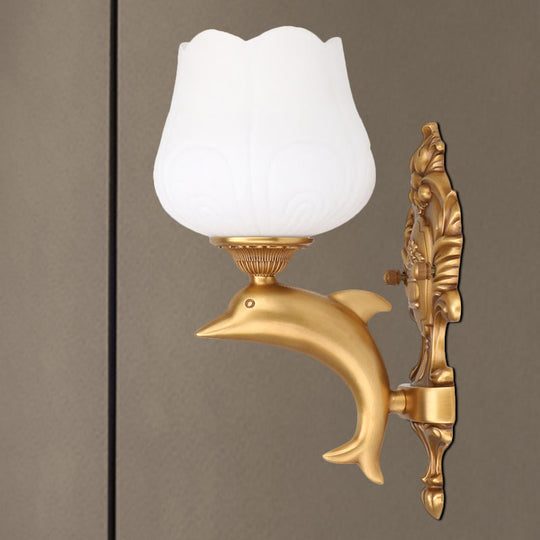 Vintage Style White Glass Wall Light With Golden Dolphin Deco