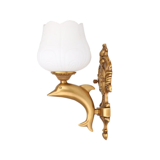 Vintage Style White Glass Wall Light With Golden Dolphin Deco