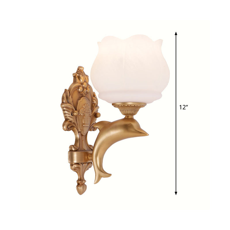 Gold Dolphin Wall Sconce Lamp - Retro Metal 1-Light Light With Opal Glass Shade