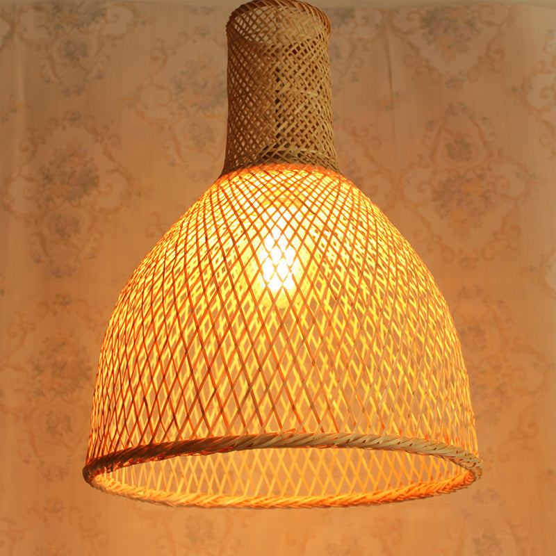 Rustic Bamboo Ceiling Pendant Lamp With Woven Shade And 1 Bulb For Living Room