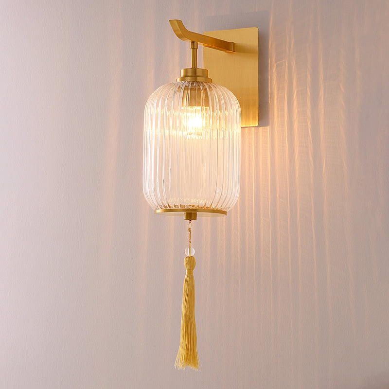 Chinese Style Glass Lantern Wall Sconce With Tassel Knot And Brass Fixture