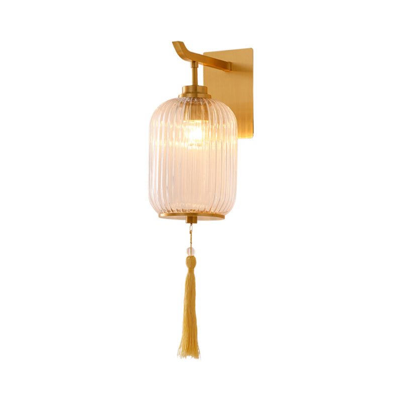 Chinese Style Glass Lantern Wall Sconce With Tassel Knot And Brass Fixture