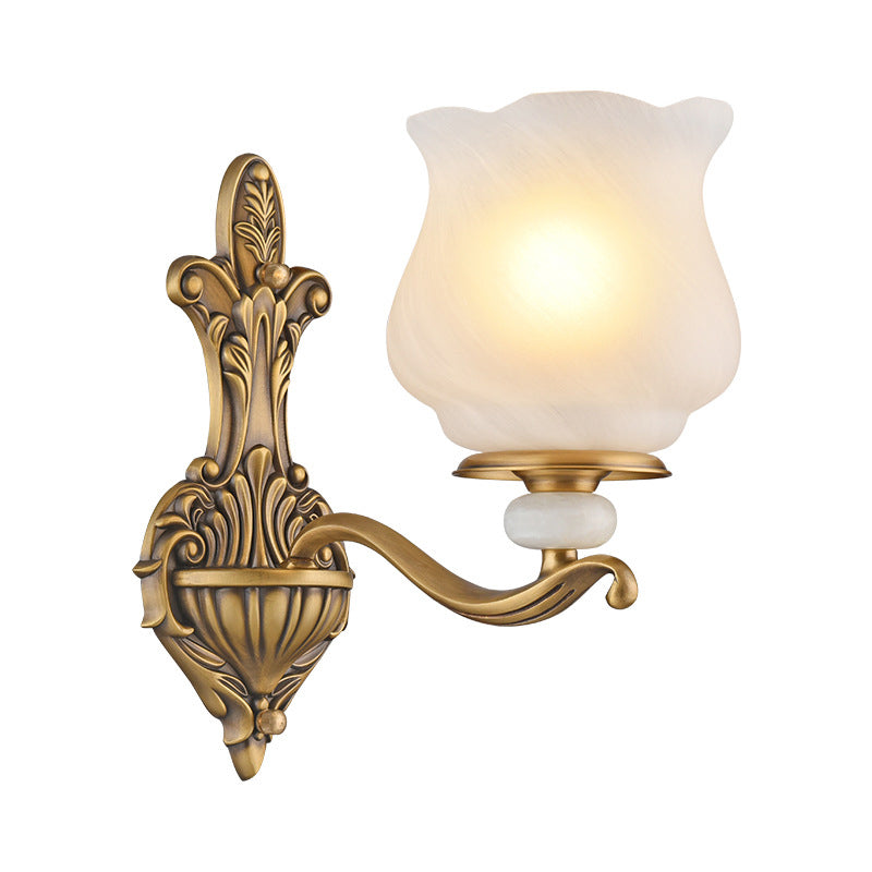 Traditional Brass Wall Sconce With Frosted Glass Shade Half Head Design