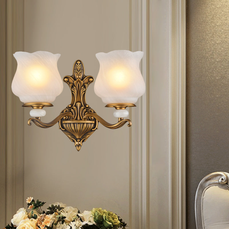 Traditional Brass Wall Sconce With Frosted Glass Shade Half Head Design